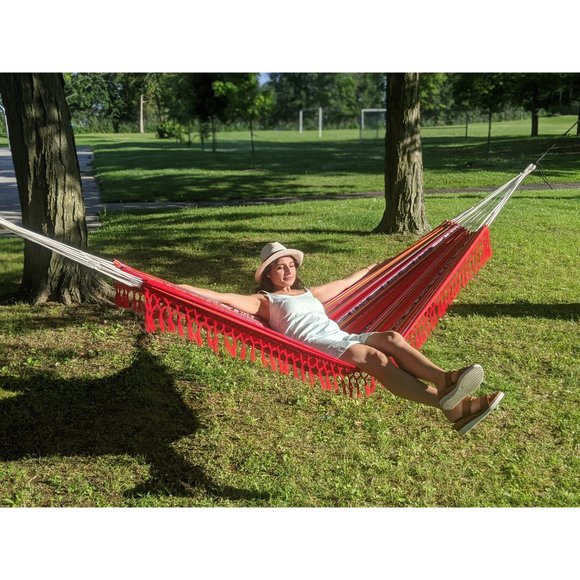 Double Red Boho Hammock Handwoven| Summer Hammock | Double Sided Colorful Hammoc - Picture 4 of 4